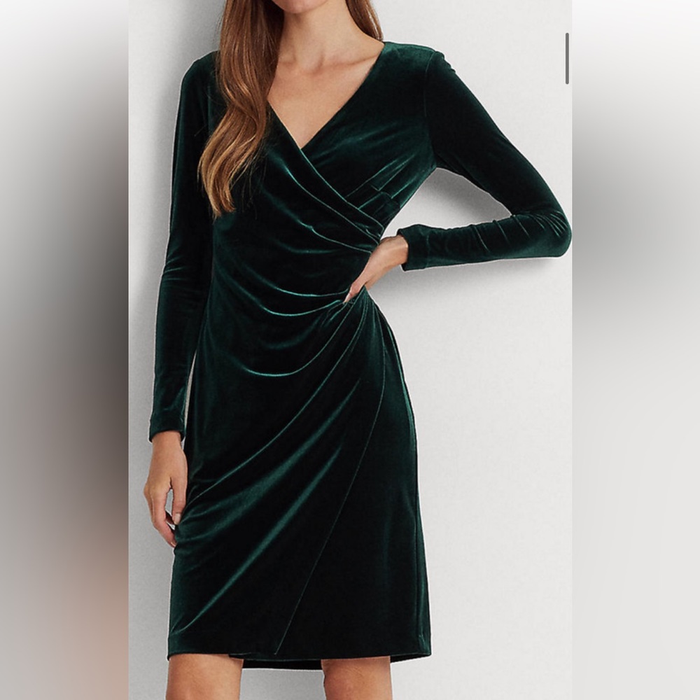 Lauren by Ralph Lauren Velvet Crossover Front Long Sleeve Dress